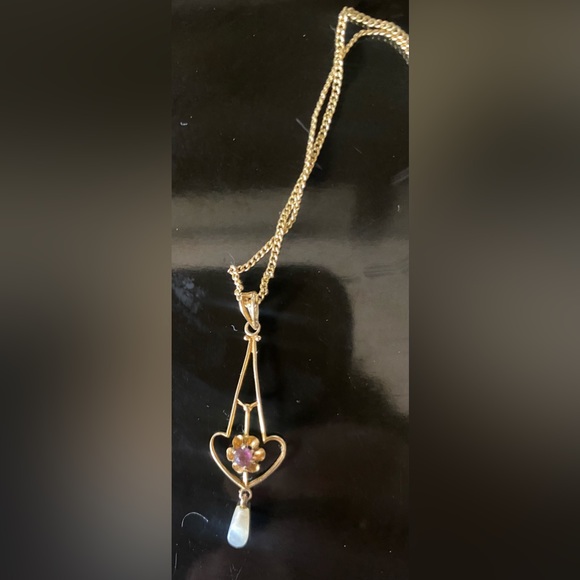 Antique Victorian Edwardian 10K Yellow Gold Lavaliere & Chain Gem Pearl Stamped - Picture 13 of 16